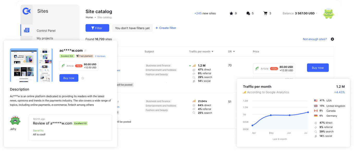 Collaborator website marketplace dashboard with site catalog, filters, pricing, traffic stats, and a card showing detailed website information